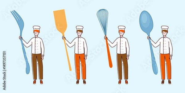 Fototapeta Cartoon Color Tiny Characters Boy Holding Kitchen Appliances Concept Flat Design Style. Vector illustration