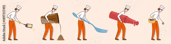 Fototapeta Cartoon Color Tiny Characters People Holding Kitchen Appliances Concept Flat Design Style. Vector illustration of Person and Fork, Sauce Bottle, Berry