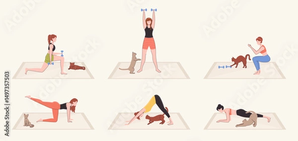 Fototapeta Cartoon Color Character Person Woman and Sport Exercise a Mat with a Cat Concept Flat Design Style. Vector illustration of Training Girl