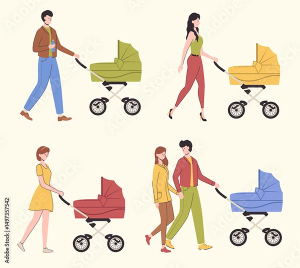 Fototapeta Cartoon Color Characters People Walking with Prams Set Concept Flat Design Style. Vector illustration