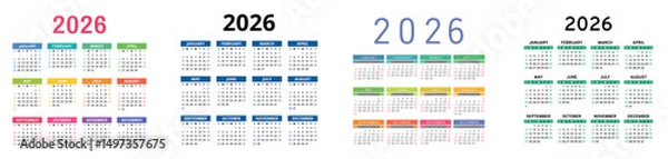 Fototapeta English calendar 2026 year collection. Square vector pocket or wall calender design template set. Week starts on Sunday
