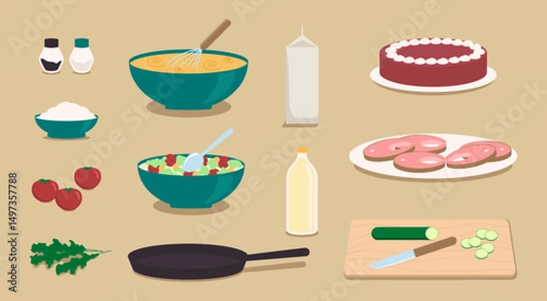 Fototapeta Cartoon Color Different Types Cooking Elements Set Preparation Food and Dessert Concept Flat Design Style. Vector illustration