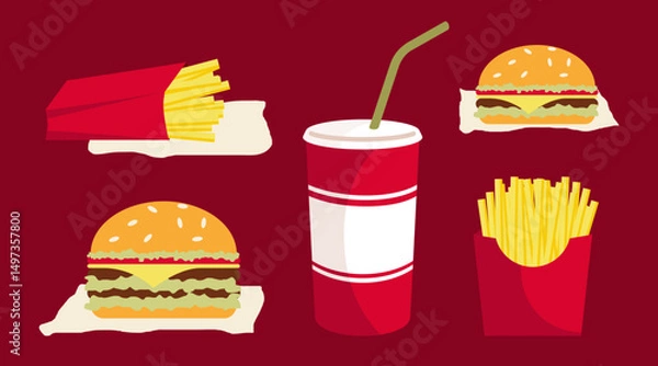 Fototapeta Cartoon Color Different Types Fast Food Set Concept Flat Design Style. Vector illustration of Burger and Soda