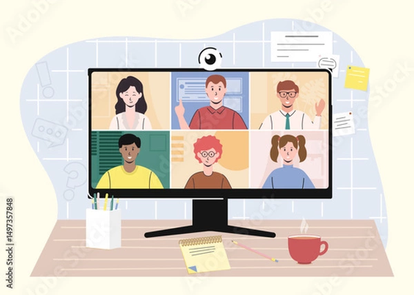 Fototapeta Cartoon Color Characters People and Remote Work Calling Concept Flat Design Style. Vector illustration of Videoconference