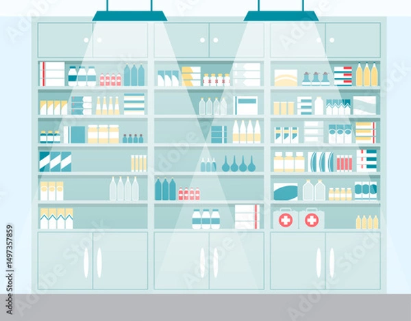 Fototapeta Cartoon Color Pharmacy Store Stands Set Assortment Concept Flat Design Style. Vector illustration of Drug and Vitamin