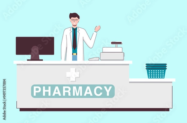 Fototapeta Cartoon Color Character Person Male Pharmacist Checkout Drugstore or Pharmacy Concept Flat Design Style. Vector illustration of Druggist