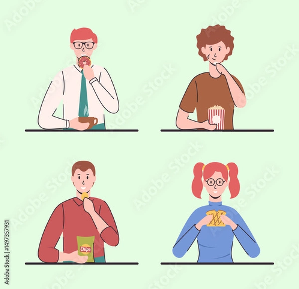 Fototapeta Cartoon Color Characters People Eating Different Snacks Concept Flat Design Style. . Vector illustration of Popcorn, Donut and Sandwich
