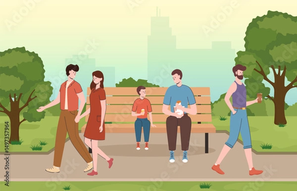 Fototapeta Cartoon Color Characters People Walking in Park Landscape Scene Concept Flat Design Style. Vector illustration of Outdoor Leisure