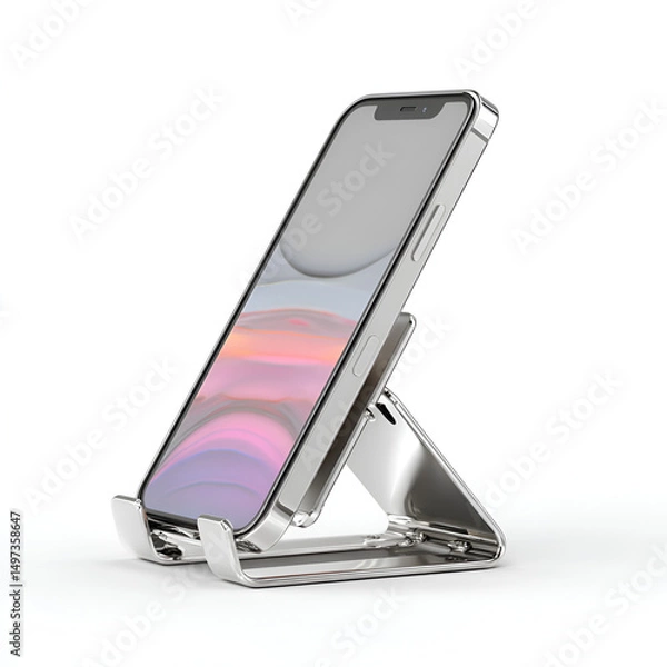 Obraz A sleek phone rests securely in a silver foldable stand, presented against a stark white background.