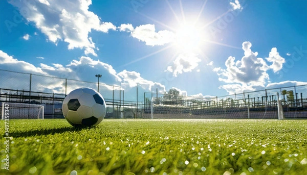 Fototapeta Soccer ball on a vibrant green field, near the edge of a stadium. A sunny day with a beautiful sky