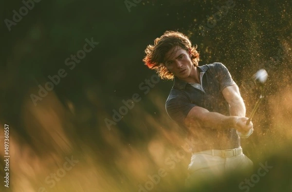 Obraz A young man in white pants and navy blue polo shirt is playing golf