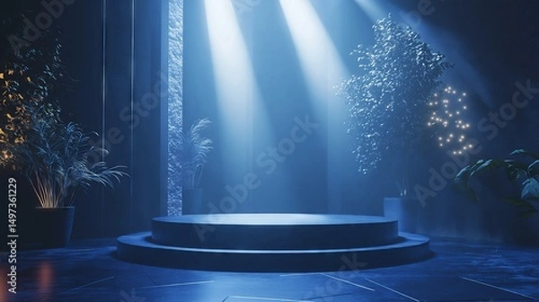 Fototapeta Deep blue minimal podium with soft glowing lights on a sleek modern stage, featuring clean lines and futuristic design, ideal for presentations, corporate events, digital backgrounds, and modern setup
