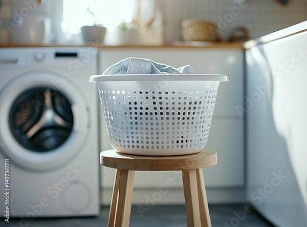 Obraz Laundry day ambiance: Basket brimming with clothes beside a washing machine
