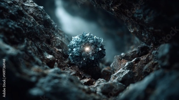 Obraz Mysterious crystalline sphere glowing amidst rough rocks in a shadowy environment