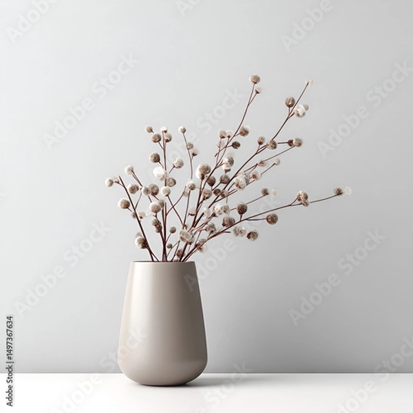 Fototapeta Minimalist ceramic vase holds dried botanical branches, creating a serene and elegant composition.