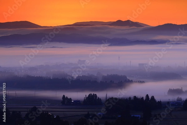 Fototapeta 岩手県花巻市　朝の田園風景
