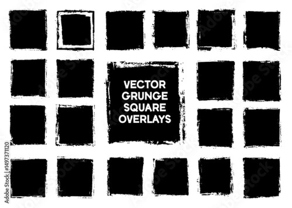 Fototapeta Set of black vector grunge square overlays and frames. Distressed, rough-edged shapes for creating vintage, urban, or edgy effects in designs and photos.