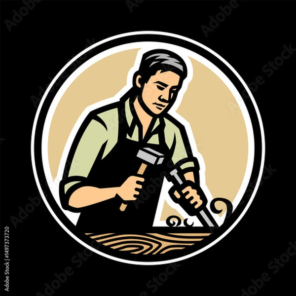 Obraz Carpenter with a chisel and hammer a farm on a dark background.