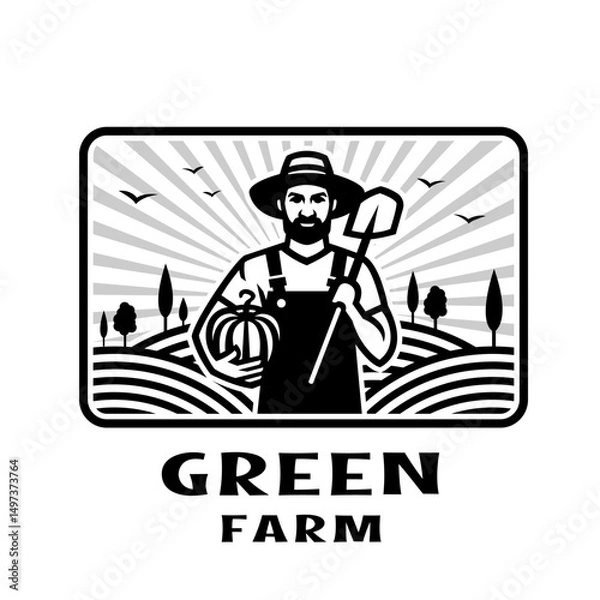 Obraz Farmer with a shovel and a pumpkin in his hands against the background of a farm.