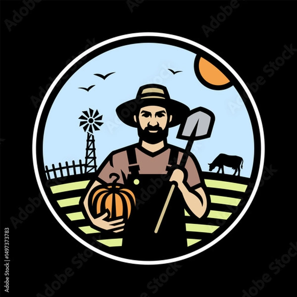 Obraz Farmer with a shovel and a pumpkin in his hands against the background of a farm on a dark background.
