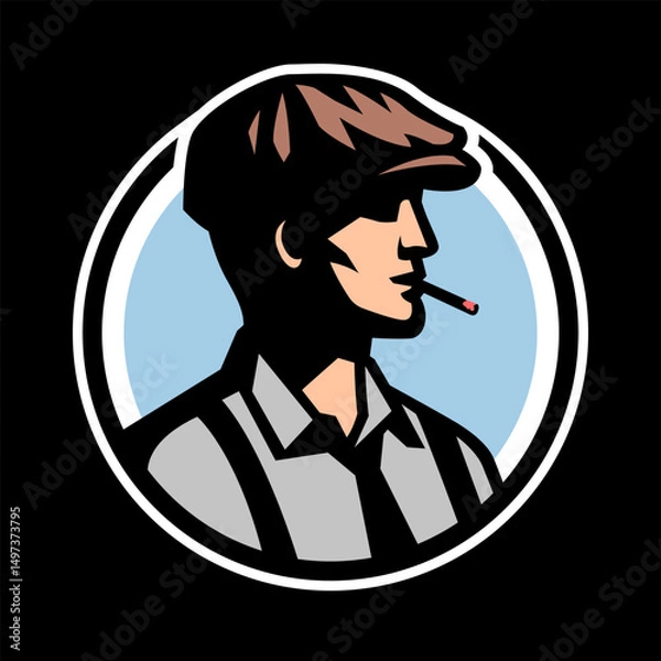 Obraz Silhouette of a man in a cap smoking a cigarette on a dark background.