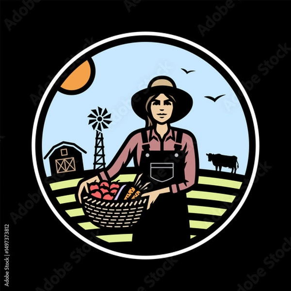 Obraz Farmer girl with a basket of vegetables on a dark background.
