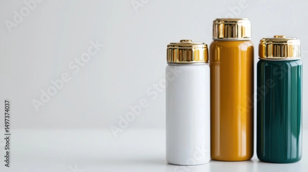 Fototapeta Minimalist image of three stylish bottles in white, yellow, and green with gold caps, showcasing modern design and elegance