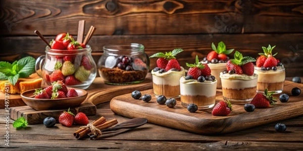 Obraz Sweet dessert arranged on a wooden board with decorative utensils and garnishes in a rustic kitchen setting, dessert, outdoors