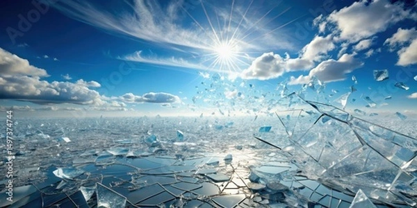 Obraz Shattered glass scattered on a white surface under the vast diffuse blue sky with few high-altitude clouds , blue sky, cloudy background