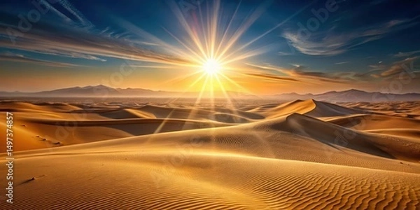 Obraz Light flare over a vast desert landscape at sunset, dunes, sand,  dunes