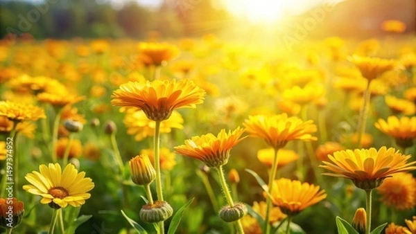 Obraz A sunny field with a lush carpet of bright yellow calendula flowers swaying gently in the breeze, meadow