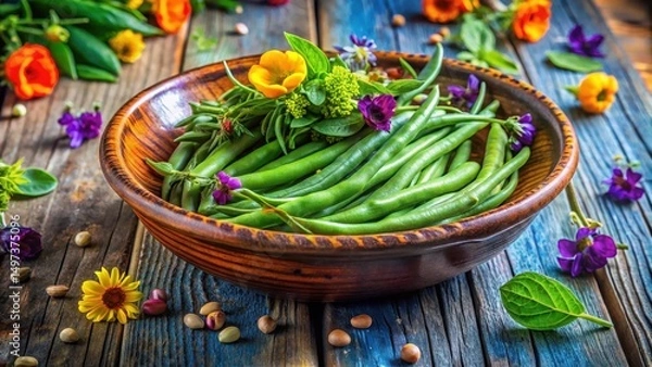 Obraz Fresh green beans arranged artfully with herbs and exotic flowers in a colorful, rustic bowl