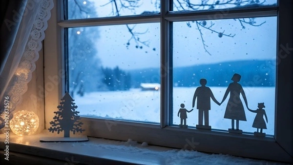 Fototapeta Cardboard cutouts of figures Silhouette of a family on a snowy winter window
