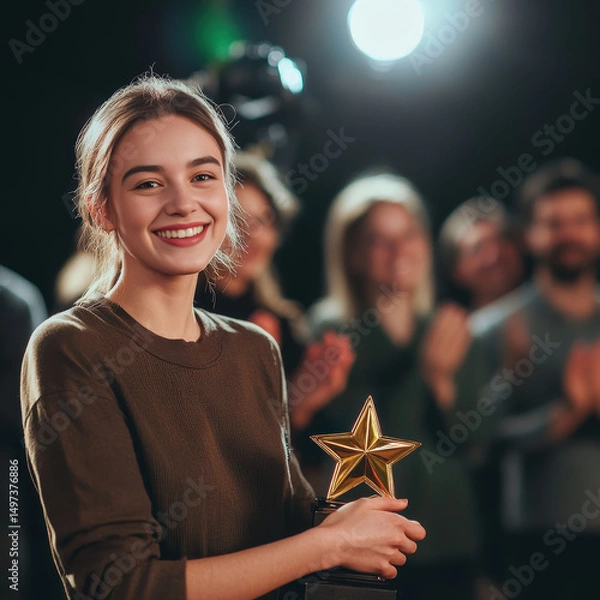 Fototapeta A female employee, holding a golden star award, stands surrounded by applauding colleagues, celebrating her outstanding performance.