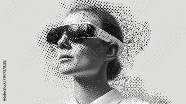 Fototapeta A woman with sunglasses made of halftone dots, against a white background, with high contrast and a monochrome palette. 