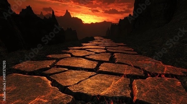 Fototapeta Lava crack stones path to dark mountains under sunset, fantasy landscape. It shows a dangerous journey, hardship, or end of the world scenario.