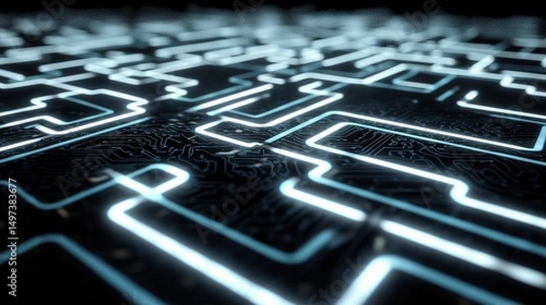 Fototapeta Futuristic blue circuit lines on geometric tech background, symbolizing digital innovation and advanced technology