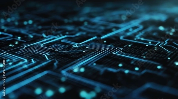 Fototapeta Futuristic blue circuit lines on geometric tech background, symbolizing digital innovation and advanced technology