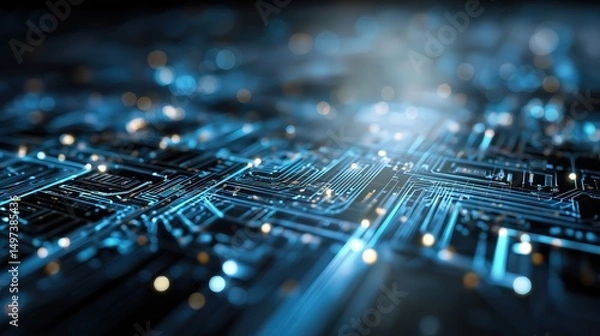 Fototapeta Futuristic blue circuit lines on geometric tech background, symbolizing digital innovation and advanced technology
