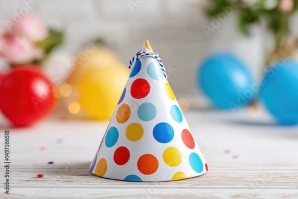 Fototapeta A vibrant party hat with colorful polka dots, set against a festive backdrop of balloons and flowers, creates a joyful atmosphere for a celebration or event.