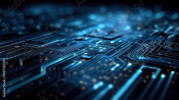 Fototapeta Futuristic blue circuit lines on geometric tech background, symbolizing digital innovation and advanced technology