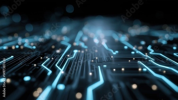 Fototapeta Futuristic blue circuit lines on geometric tech background, symbolizing digital innovation and advanced technology