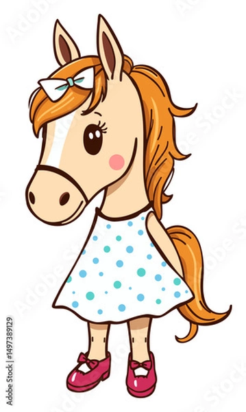 Obraz Cute baby horse in summer dotted dress and mary jane shoes. Vector isolated illustration