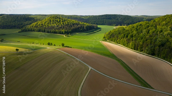 Obraz Wälder Hügel und eine schöne bunte Feldstruktur in Deutschland.  Kleinteilige Landwirtschaft aus der Luft. 