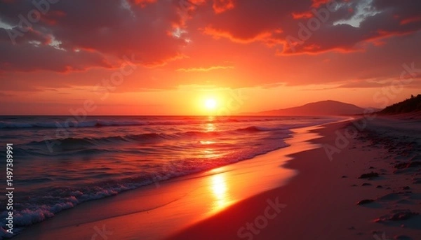 Obraz A fiery orb, a molten heart of orange and red, bleeds slowly into the waiting horizon