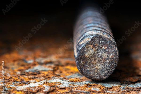 Obraz Ribbed reinforcing bar close-up, on a corroded steel surface
