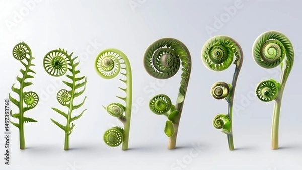 Fototapeta Photorealistic Conceptual Illustration of Fern Fiddlehead Growth Stages White Background