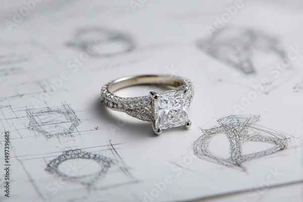 Fototapeta Intricate diamond engagement ring with sketches of different design drafts, showcasing the jewelry design process
