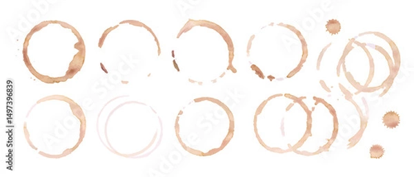 Fototapeta Coffee or tea stain drink cup rings vector illustration set isolated on white background. Coffee stain marks ring cup spot trace. Brown round splashes of drink collection.