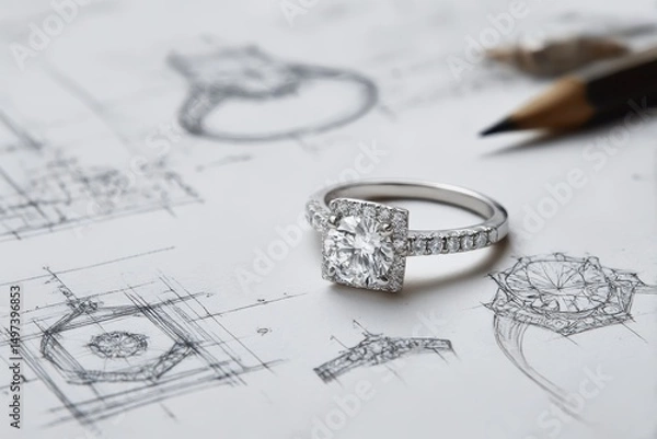 Fototapeta Intricate diamond engagement ring with sketches of different design drafts, showcasing the jewelry design process
